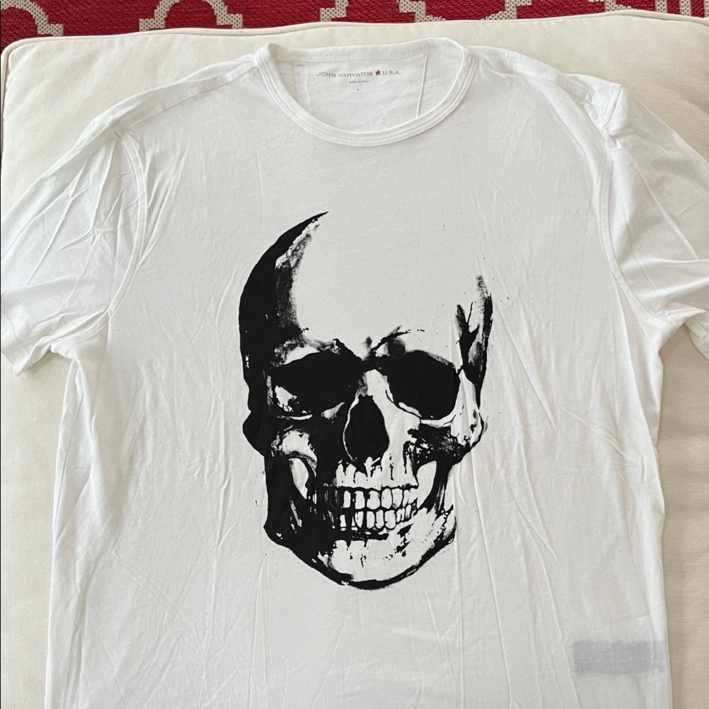 John Varvatos White T-Shirt with Black Skull Design